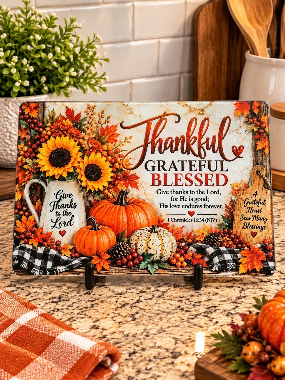 Handcrafted Thankful Grateful Blessed Autumn Design Glass Cutting Board - NWT